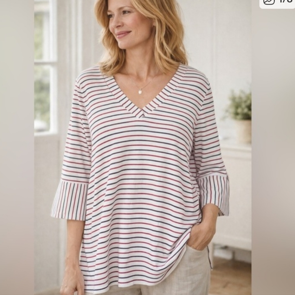 J.Jill Size Large Striped V-Neck Women's Top White With Red And Blue Stripes